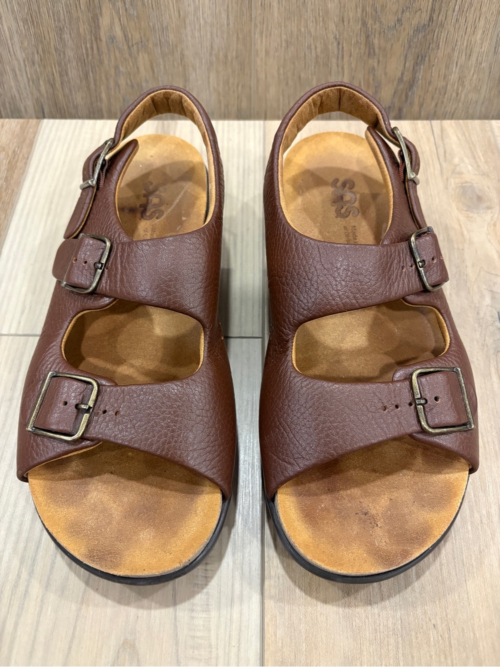 SAS Relaxed Heel Strap Sandal Buckle Brown Leather size 10M Women’s Fisherman